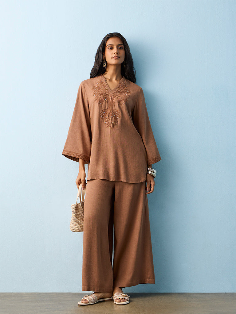 Utsa Brown Botanical Embroidered Tunic
