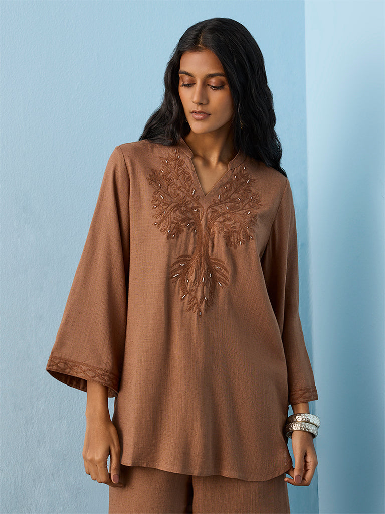 Utsa Brown Botanical Embroidered Tunic