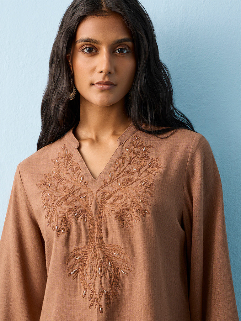 Utsa Brown Botanical Embroidered Tunic