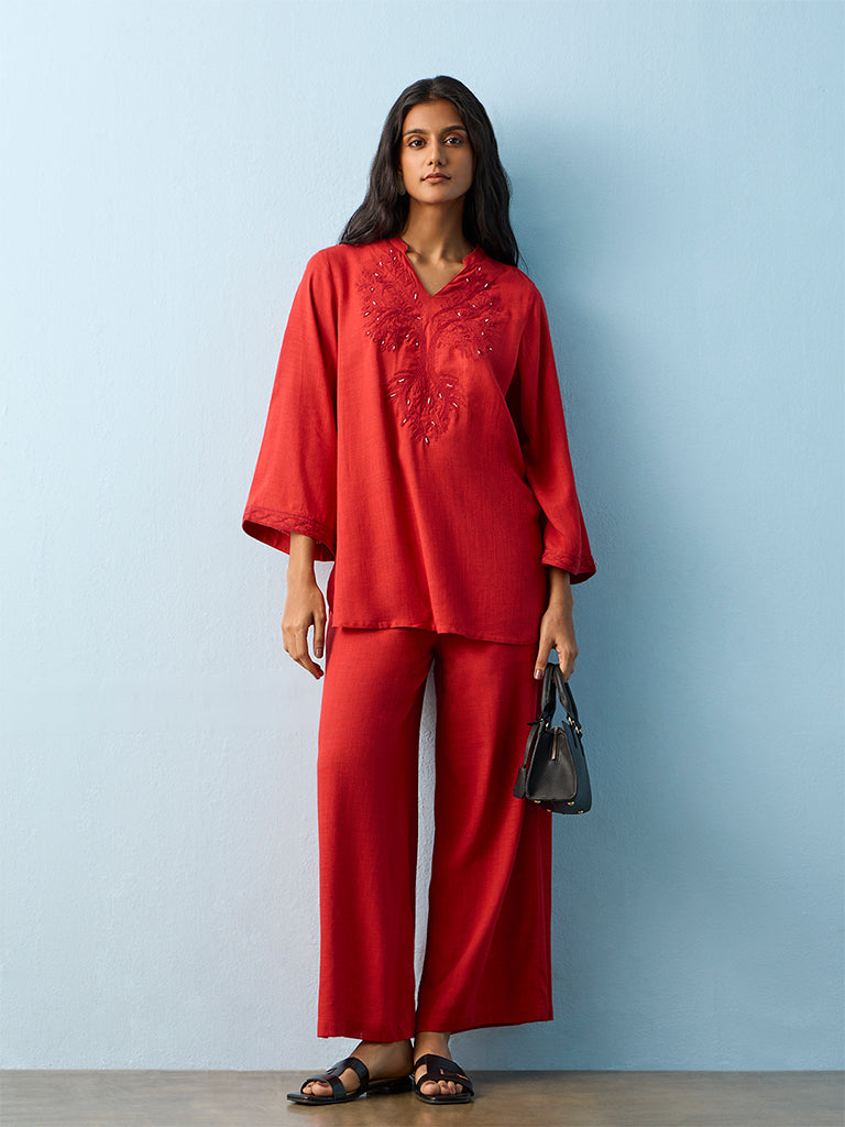 Utsa Red Botanical Embroidered Tunic