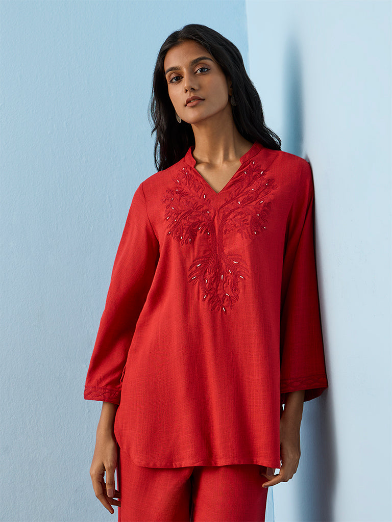 Utsa Red Botanical Embroidered Tunic