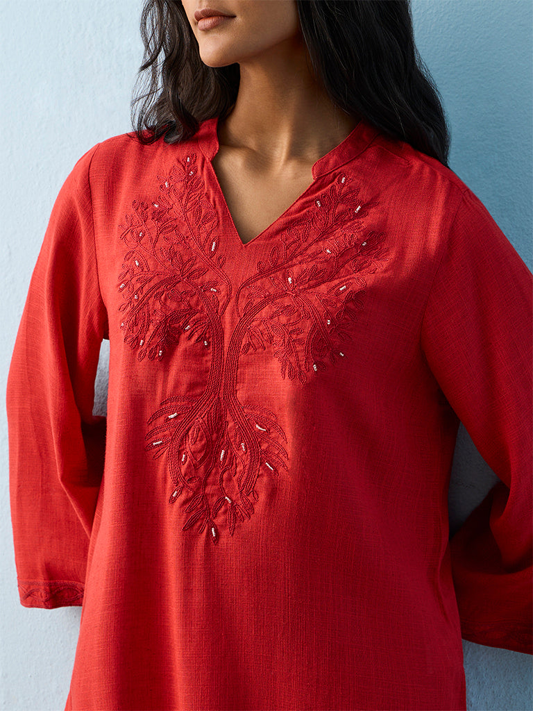 Utsa Red Botanical Embroidered Tunic