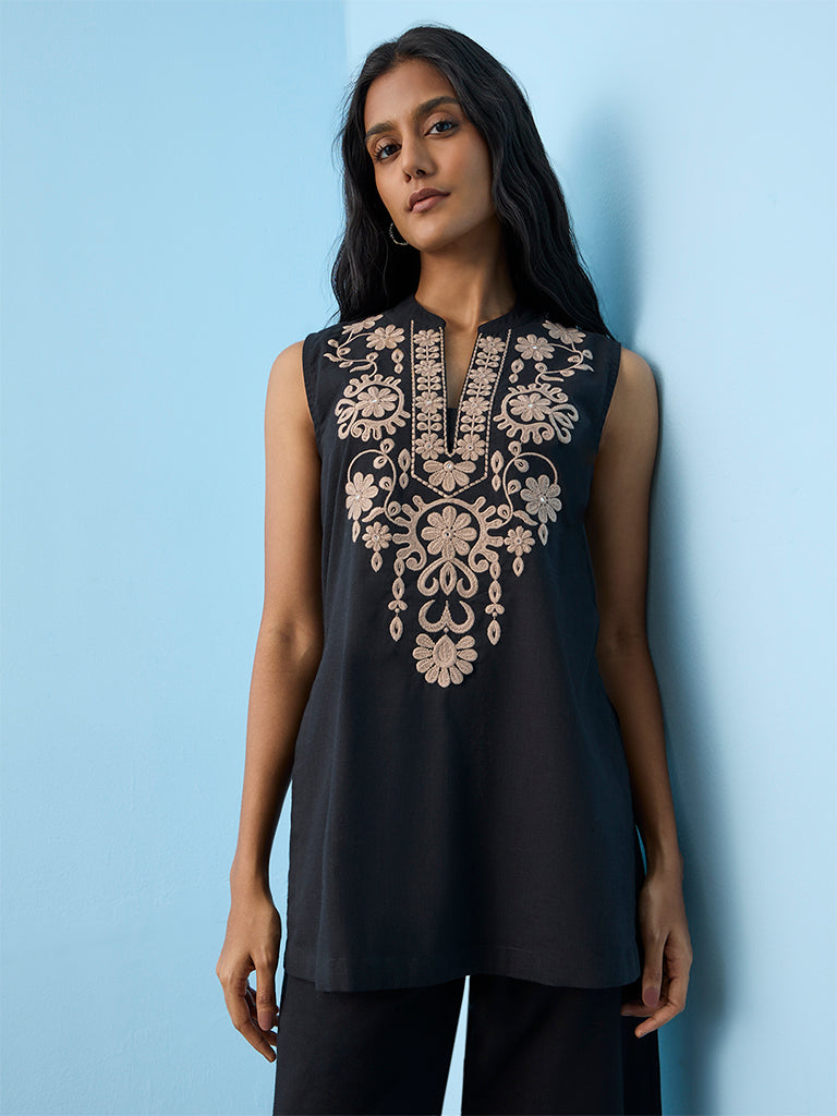 Utsa Black Floral Embroidered Cotton Tunic