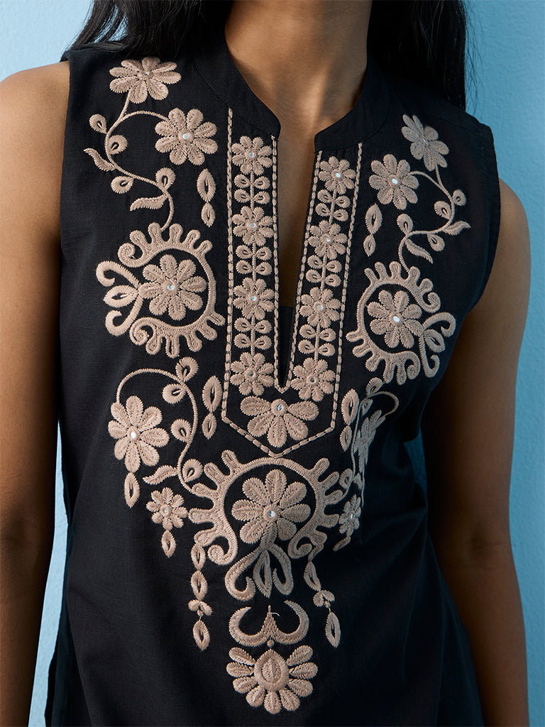 Utsa Black Floral Embroidered Cotton Tunic