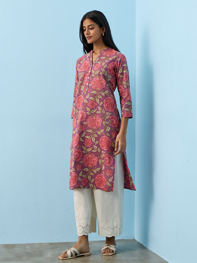 Utsa  Pink Floral Printed Cotton A-Line Kurta