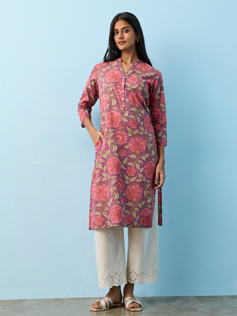 Utsa  Pink Floral Printed Cotton A-Line Kurta
