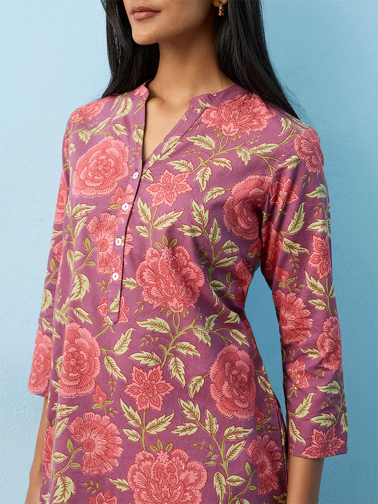 Utsa  Pink Floral Printed Cotton A-Line Kurta