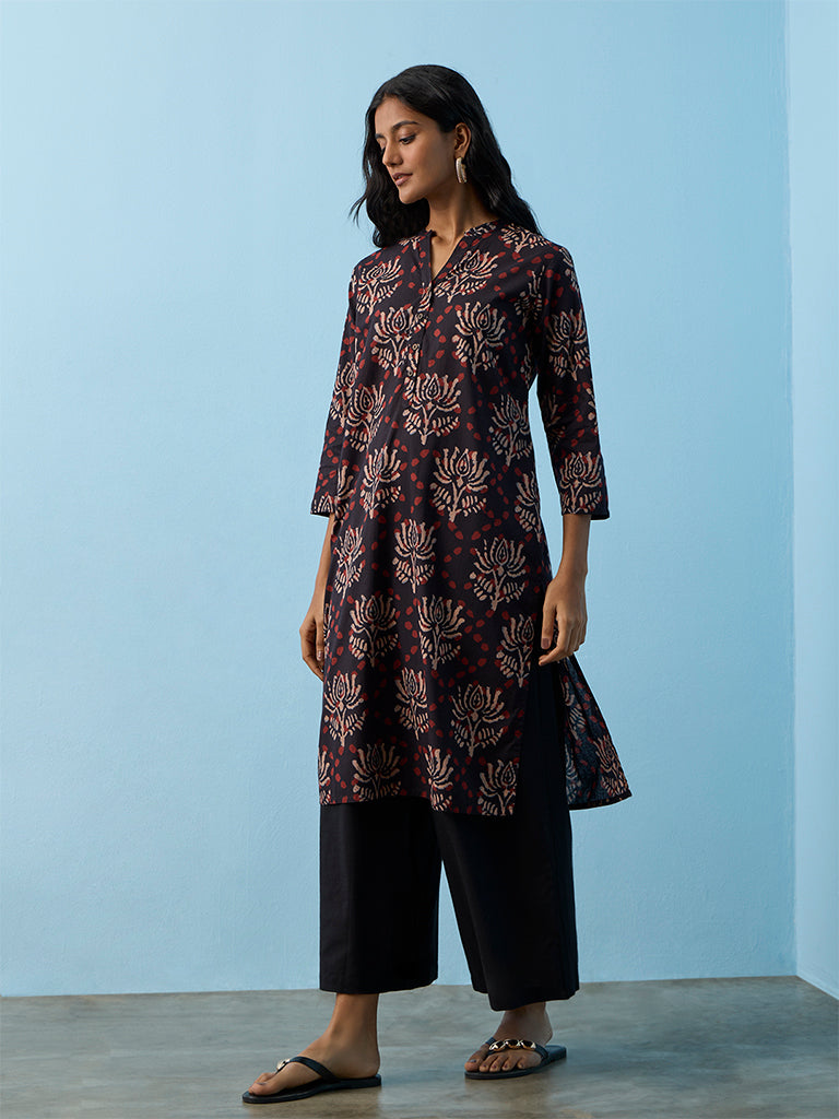 Utsa Black Floral Printed Cotton A-Line Kurta