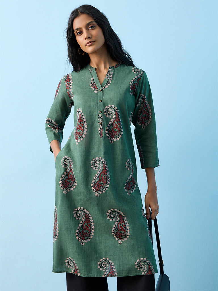 Utsa Green Paisley Printed Cotton Straight Kurta