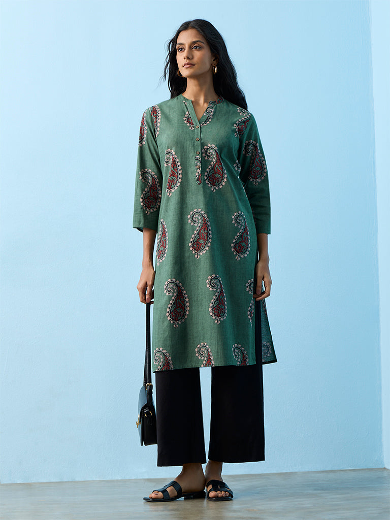Utsa Green Paisley Printed Cotton Straight Kurta