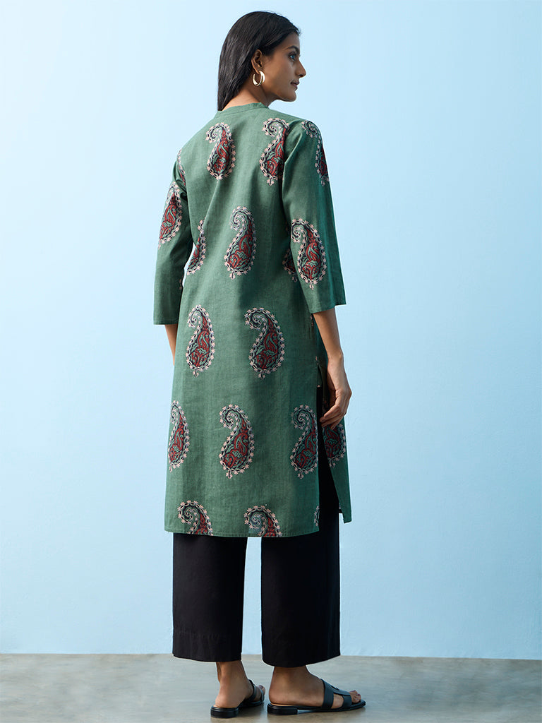 Utsa Green Paisley Printed Cotton Straight Kurta