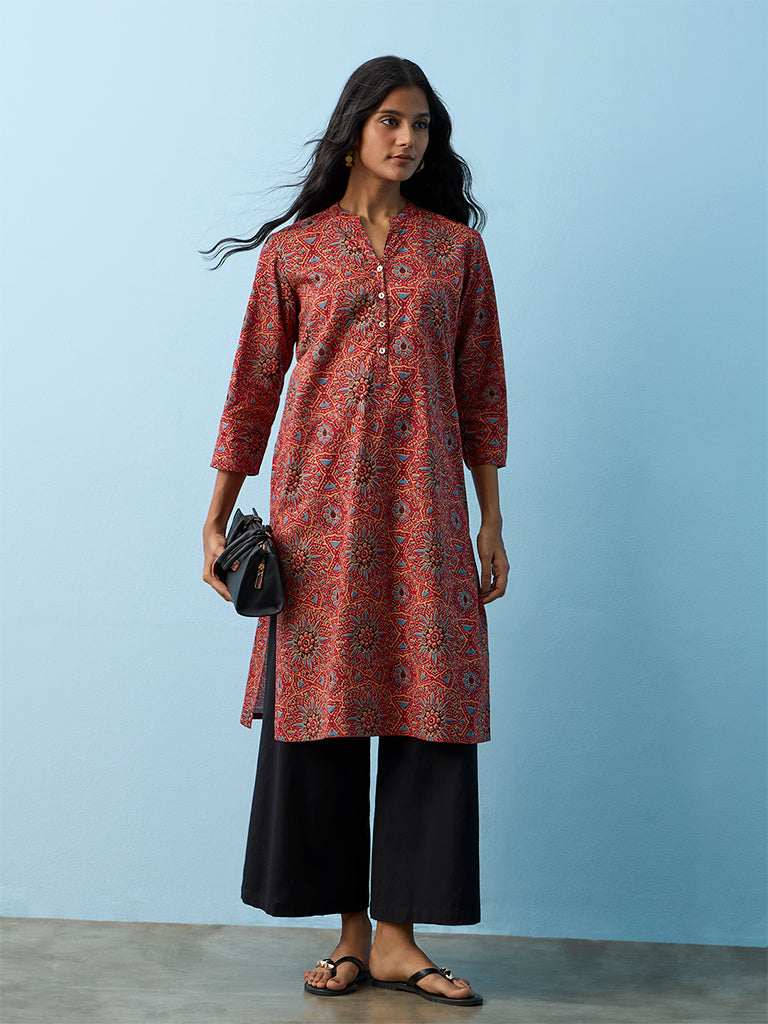 Utsa Red Floral Printed Cotton A-Line Kurta