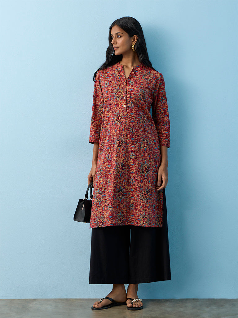 Utsa Red Floral Printed Cotton A-Line Kurta