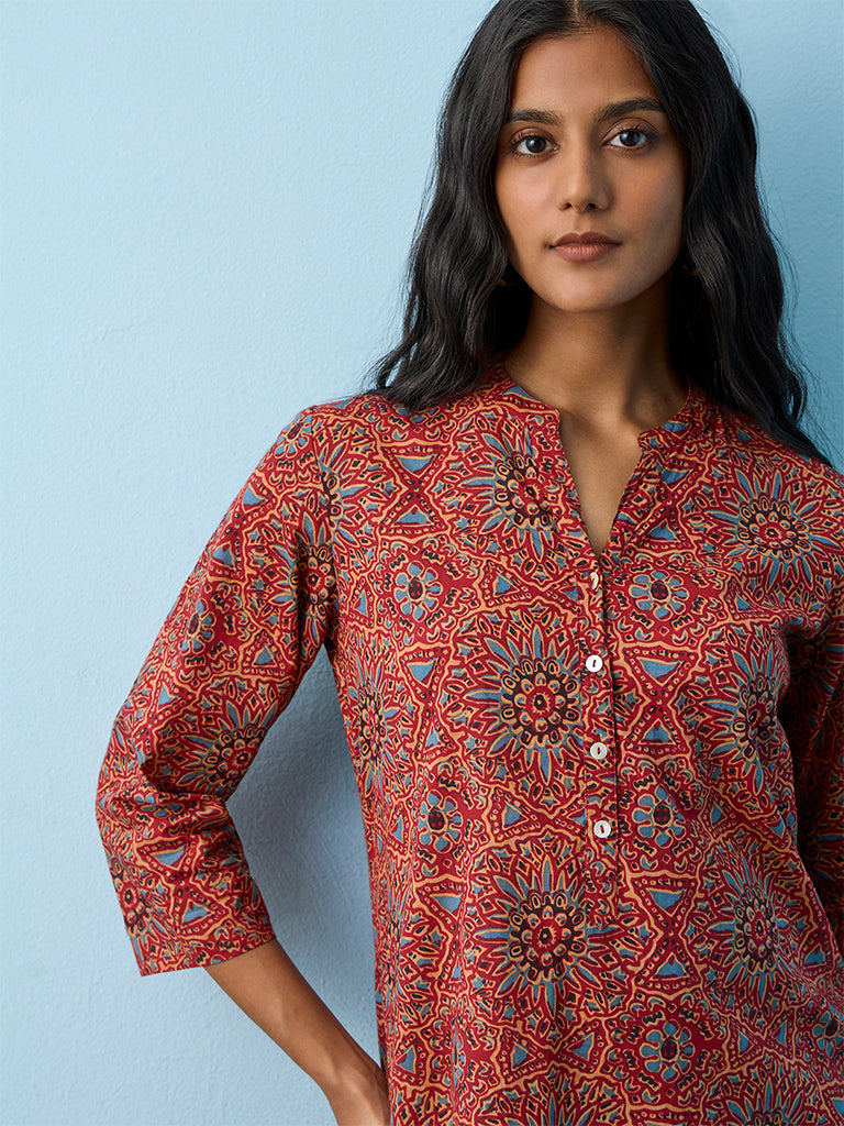 Utsa Red Floral Printed Cotton A-Line Kurta
