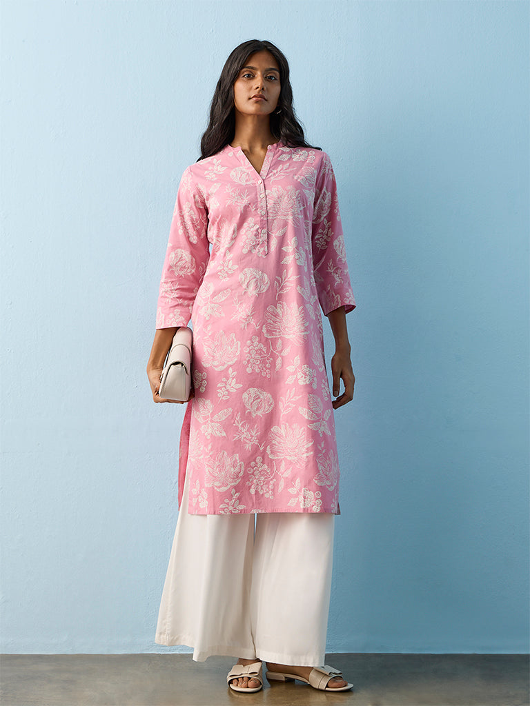 Utsa Pink Floral Printed Cotton Straight Kurta