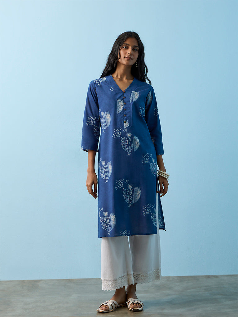 Utsa Indigo Printed Cotton A-Line Kurta