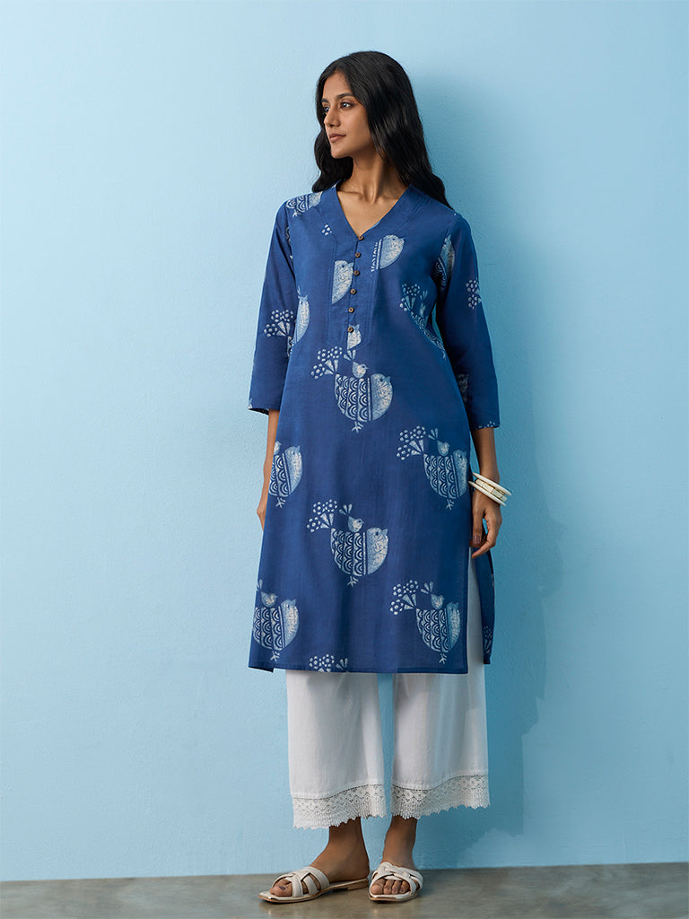 Utsa Indigo Printed Cotton A-Line Kurta