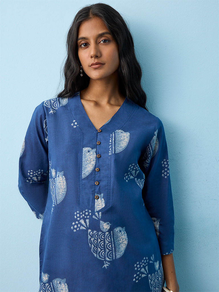Utsa Indigo Printed Cotton A-Line Kurta