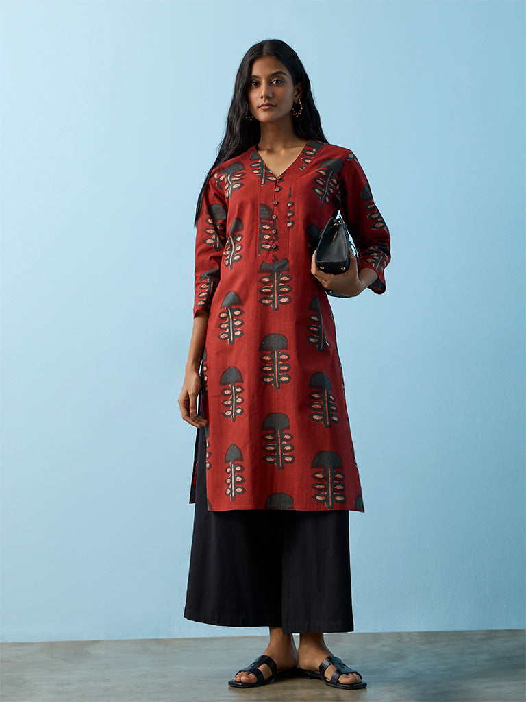 Utsa Red Mushroom Printed Cotton A-Line Kurta