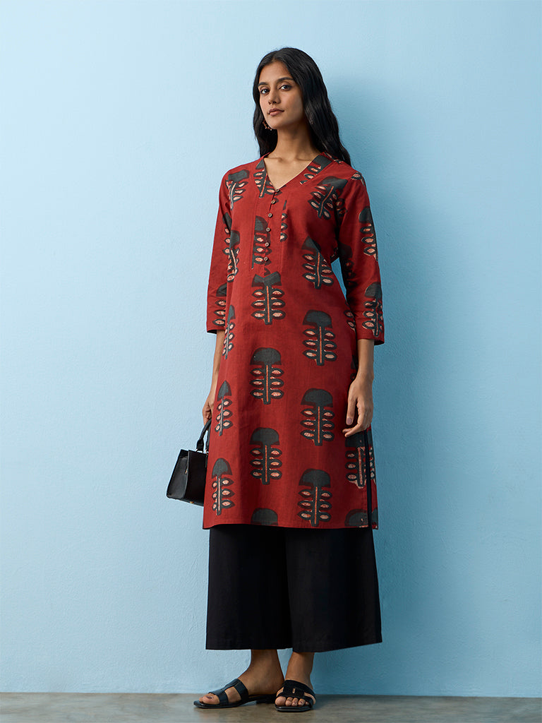 Utsa Red Mushroom Printed Cotton A-Line Kurta