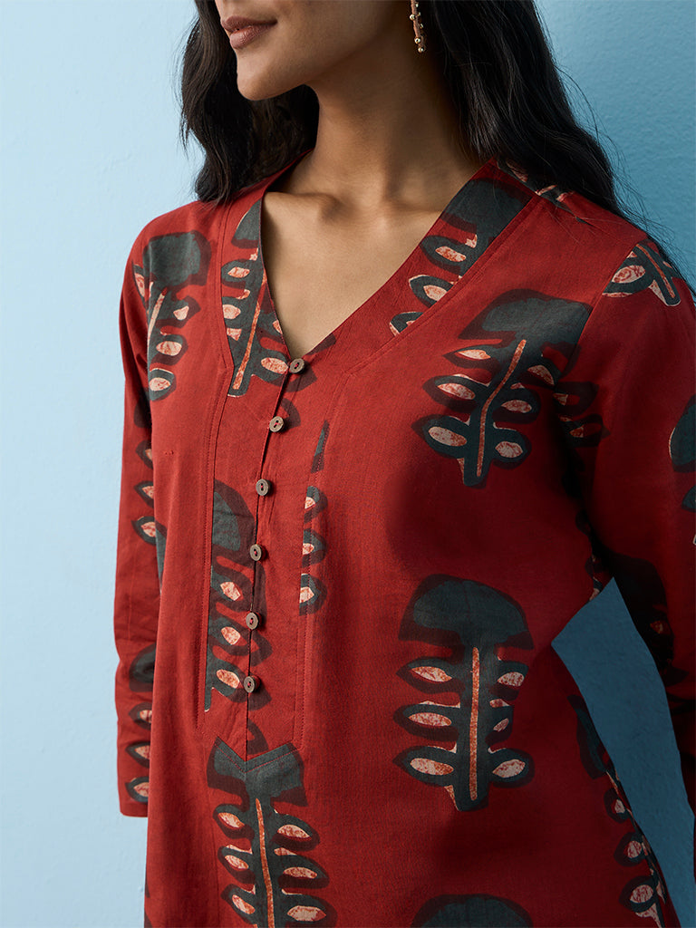 Utsa Red Mushroom Printed Cotton A-Line Kurta