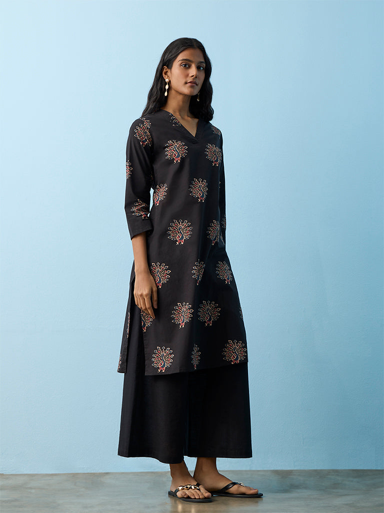Utsa Black Peacock Printed Cotton Straight Kurta