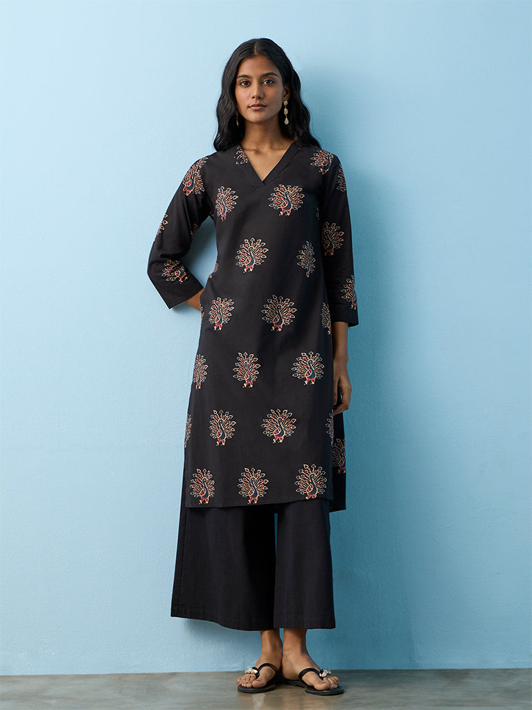 Utsa Black Peacock Printed Cotton Straight Kurta