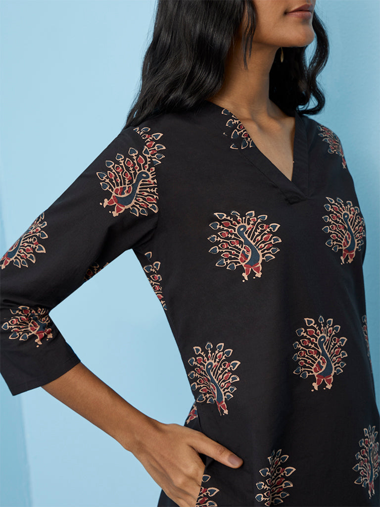 Utsa Black Peacock Printed Cotton Straight Kurta