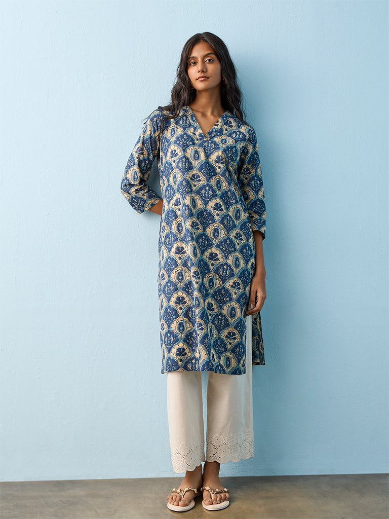 Utsa Indigo Floral Printed Cotton Straight Kurta