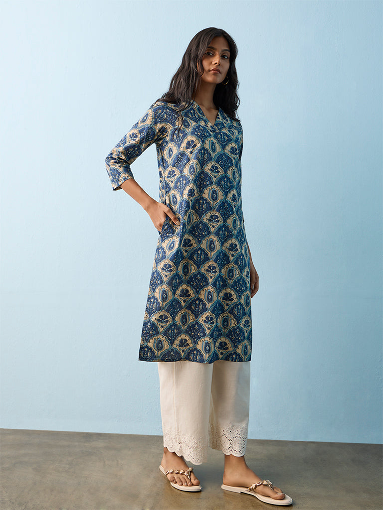 Utsa Indigo Floral Printed Cotton Straight Kurta