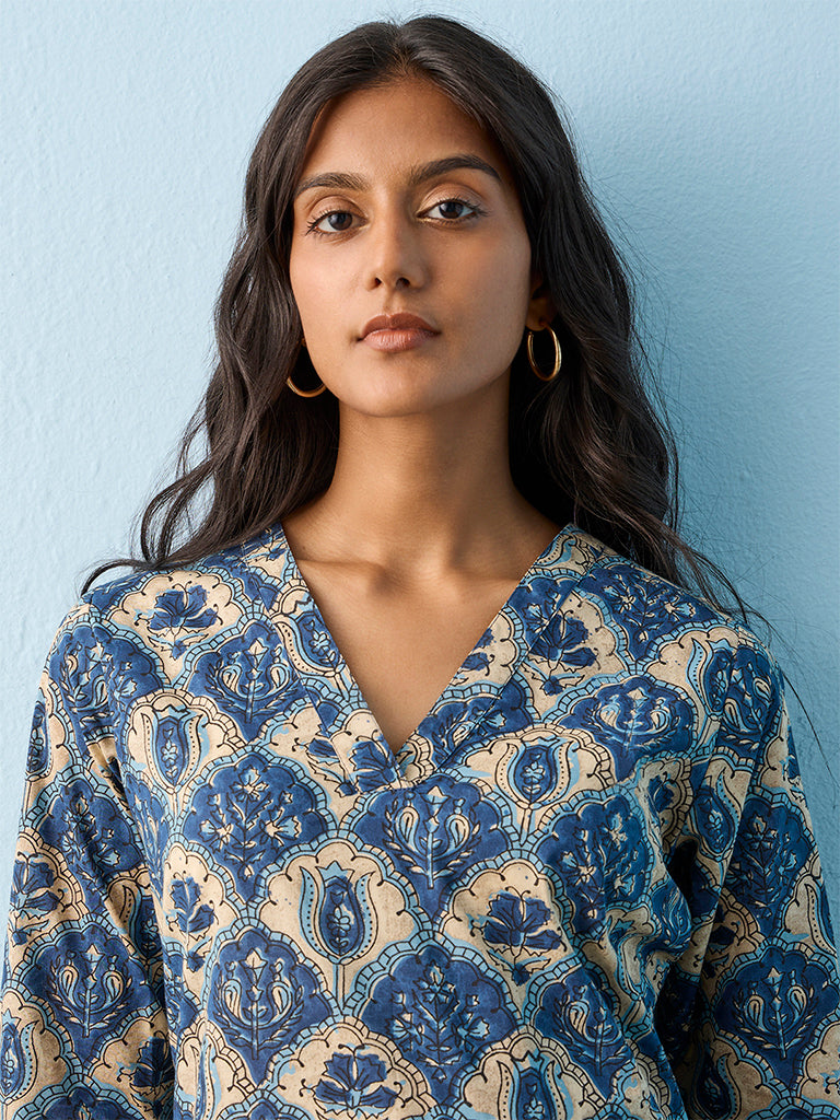 Utsa Indigo Floral Printed Cotton Straight Kurta