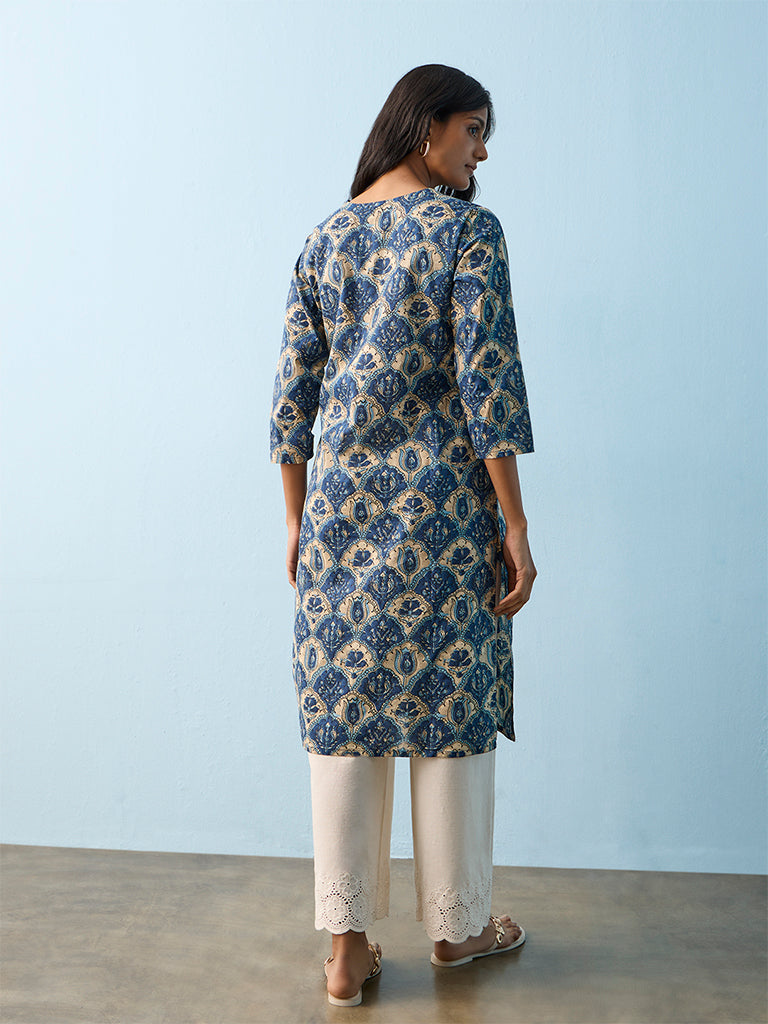 Utsa Indigo Floral Printed Cotton Straight Kurta