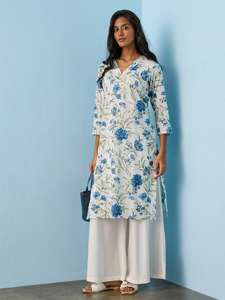 Utsa White Floral Printed Cotton A-Line Kurta