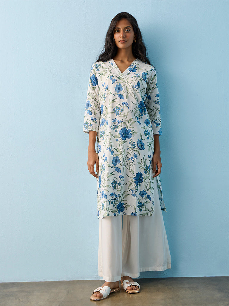 Utsa White Floral Printed Cotton A-Line Kurta