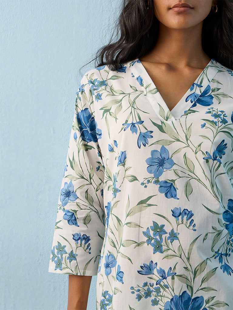 Utsa White Floral Printed Cotton A-Line Kurta