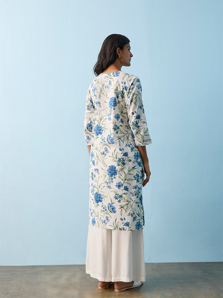 Utsa White Floral Printed Cotton A-Line Kurta