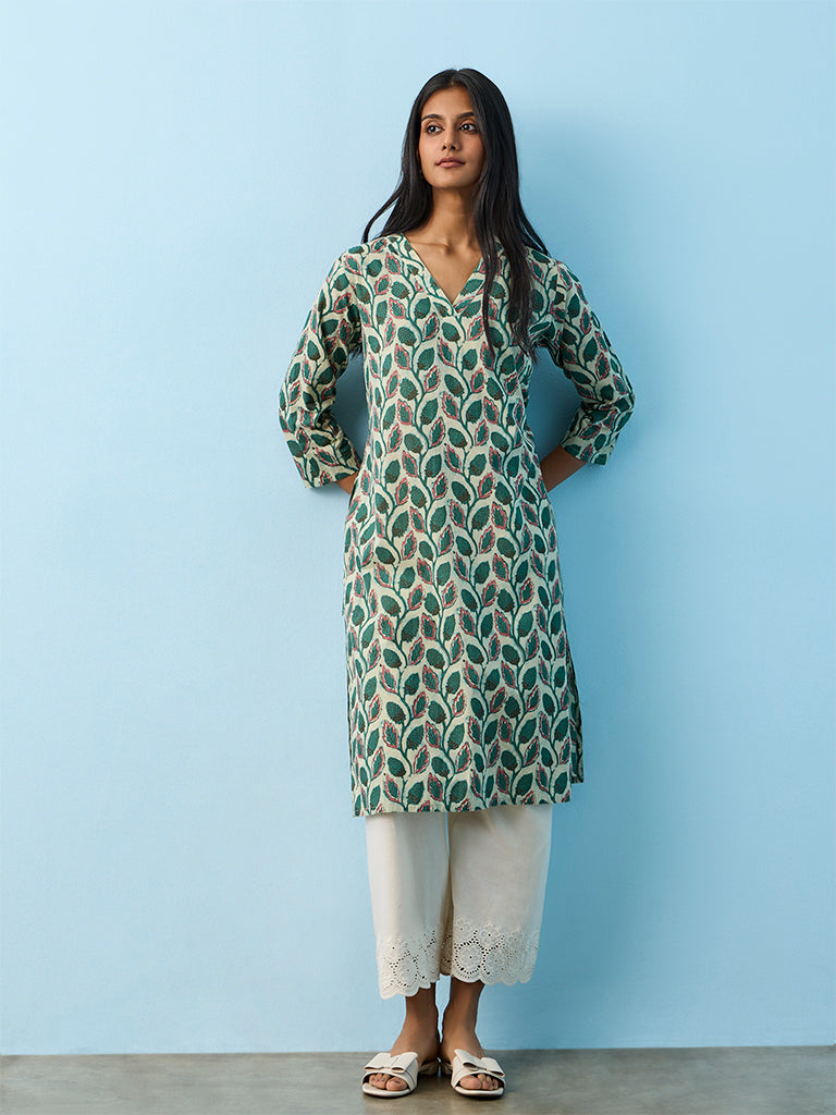 Utsa Green Botanical Printed A-Line Cotton Kurta
