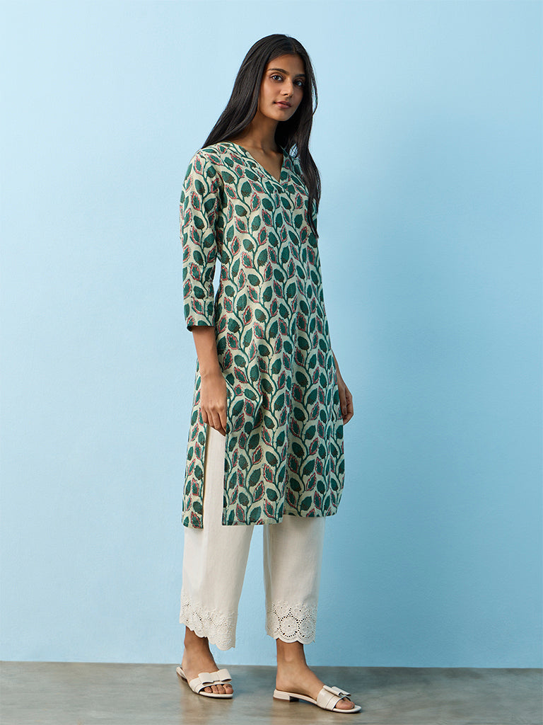 Utsa Green Botanical Printed A-Line Cotton Kurta