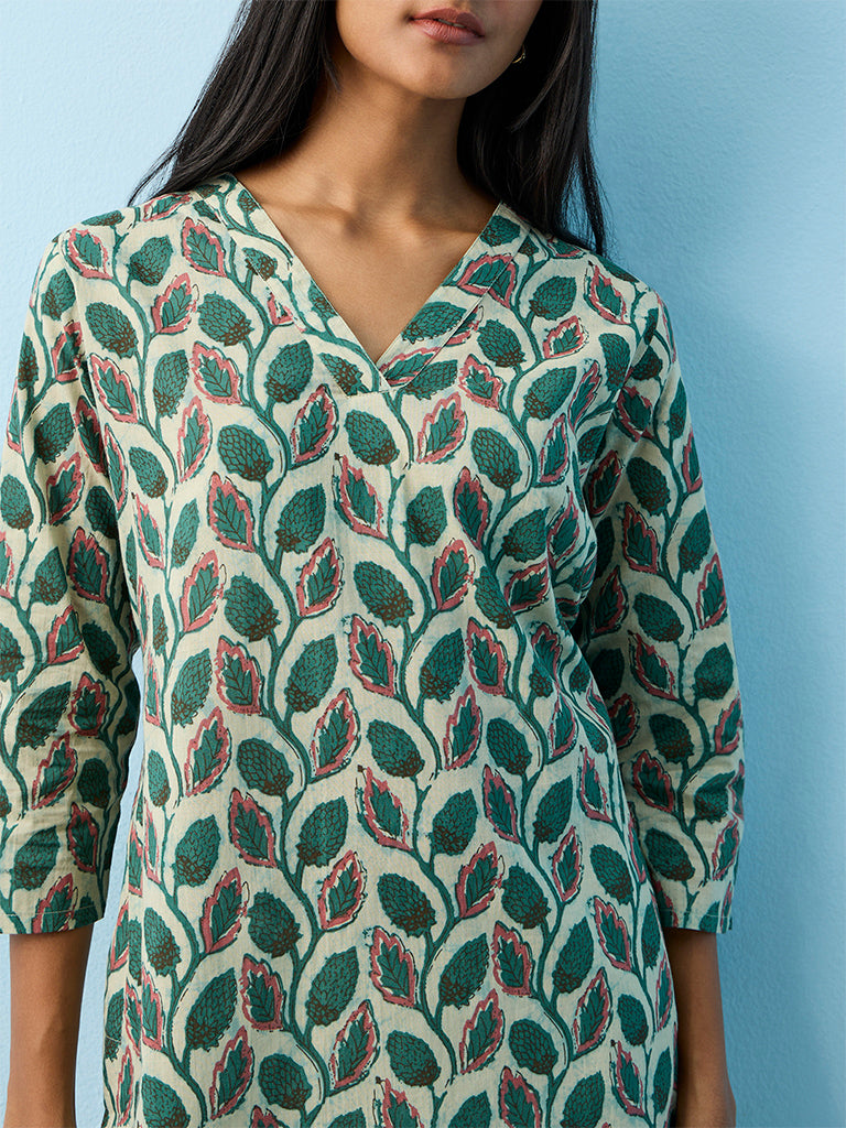 Utsa Green Botanical Printed A-Line Cotton Kurta