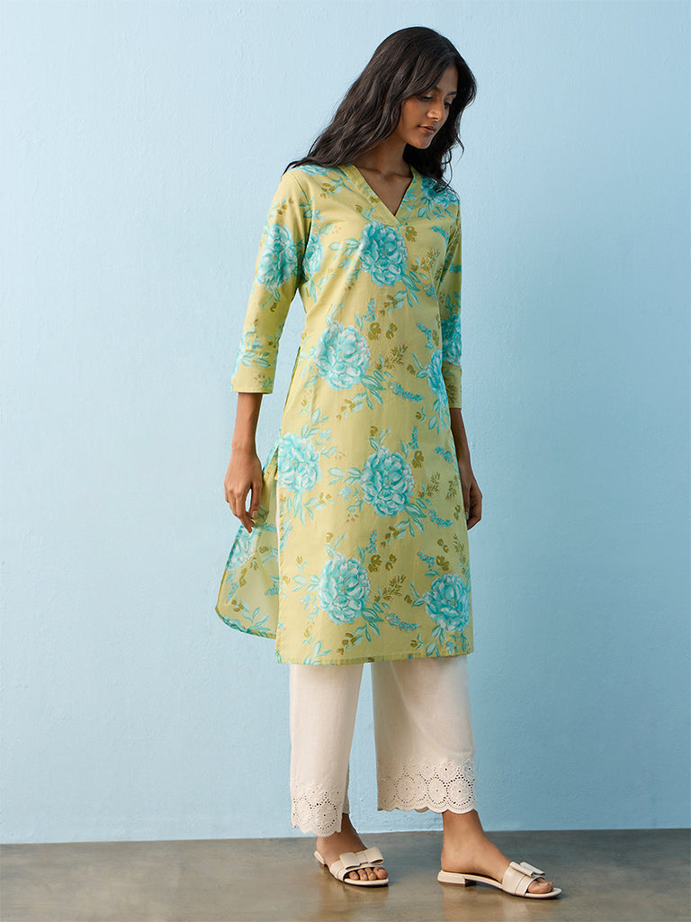 Utsa Light Green Floral Pattern Cotton Straight Kurta