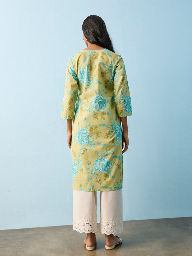 Utsa Light Green Floral Pattern Cotton Straight Kurta