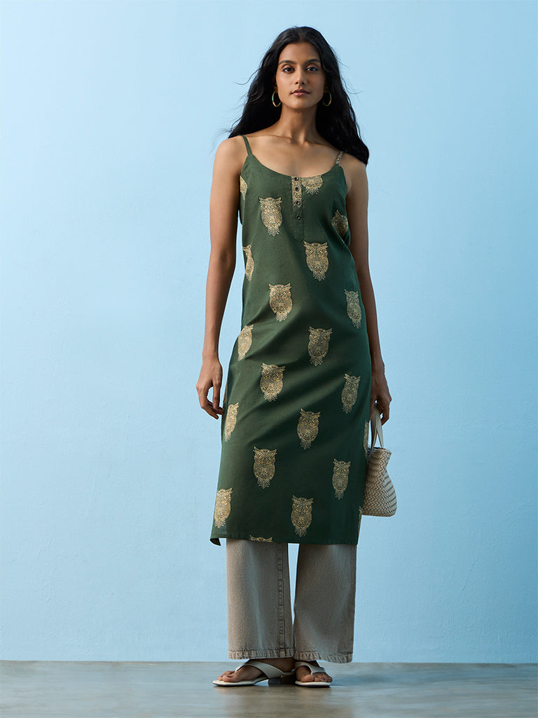 Utsa Green Owl Printed Cotton-Blend Kurta