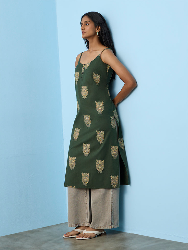 Utsa Green Owl Printed Cotton-Blend Kurta