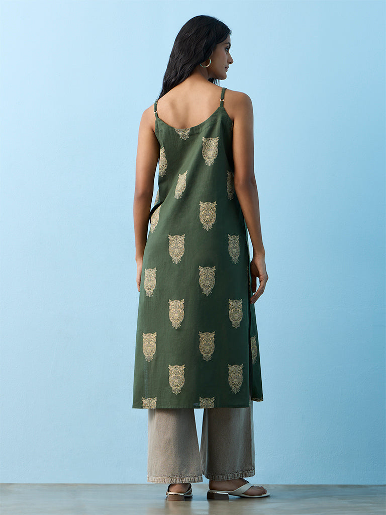 Utsa Green Owl Printed Cotton-Blend Kurta