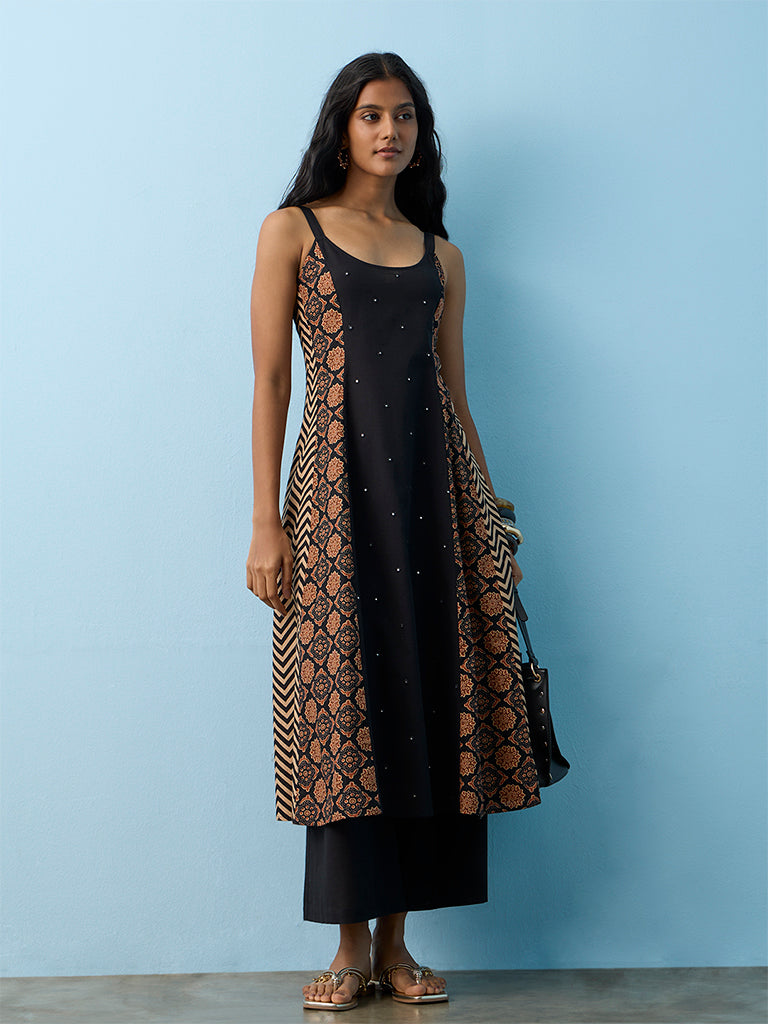Utsa Black Embellished Cotton A-Line Kurta