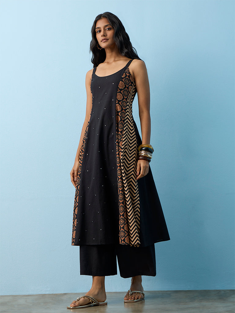Utsa Black Embellished Cotton A-Line Kurta