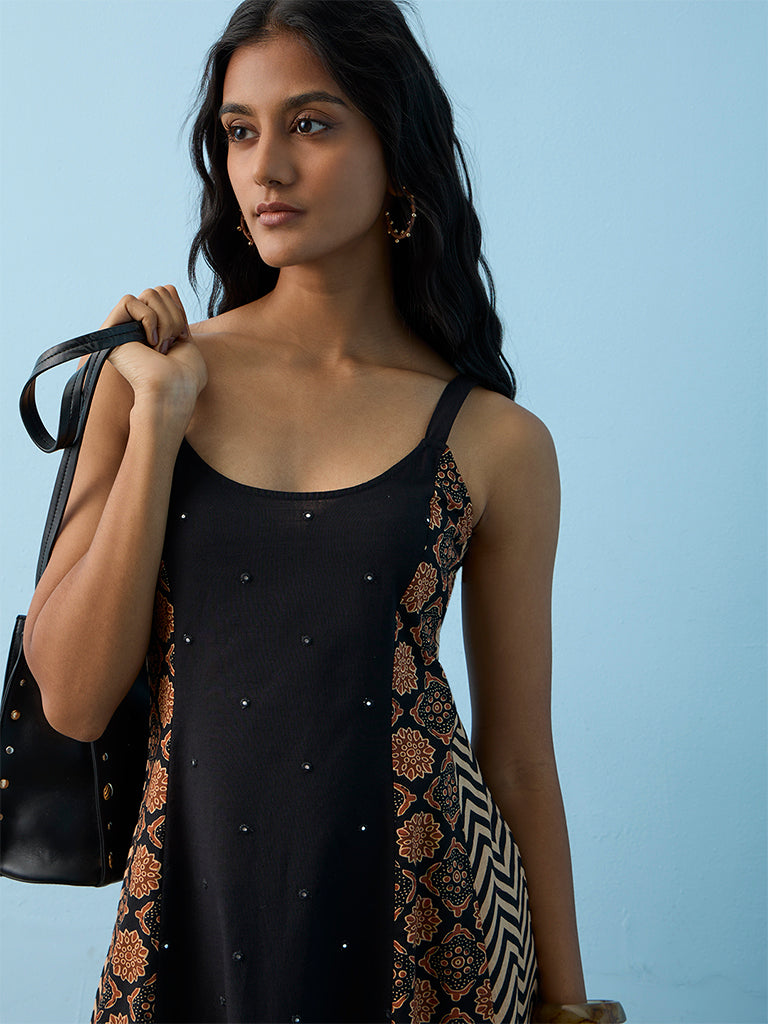 Utsa Black Embellished Cotton A-Line Kurta