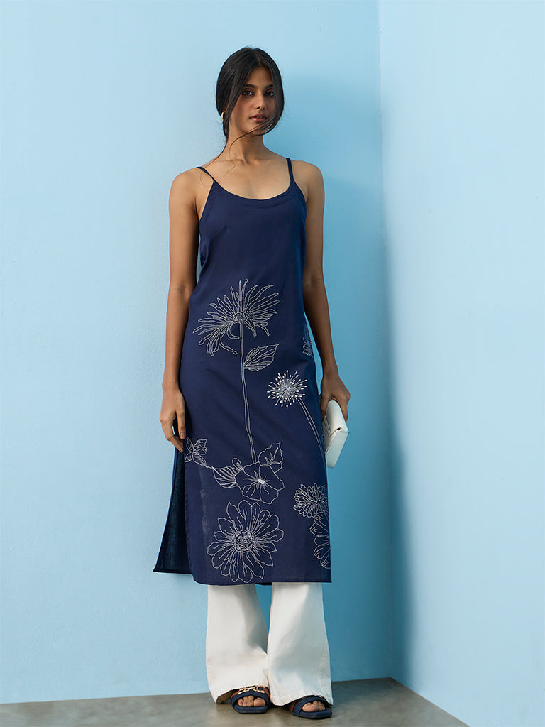 Utsa  Navy Floral Printed Cotton-Blend Straight Kurta