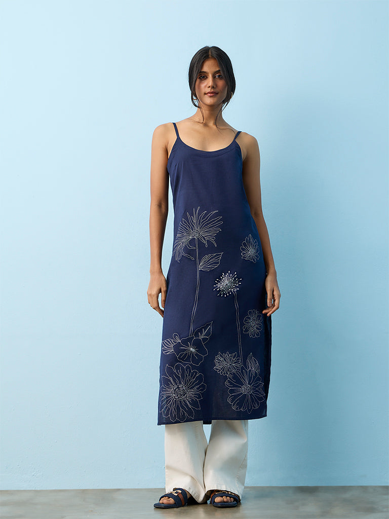 Utsa  Navy Floral Printed Cotton-Blend Straight Kurta