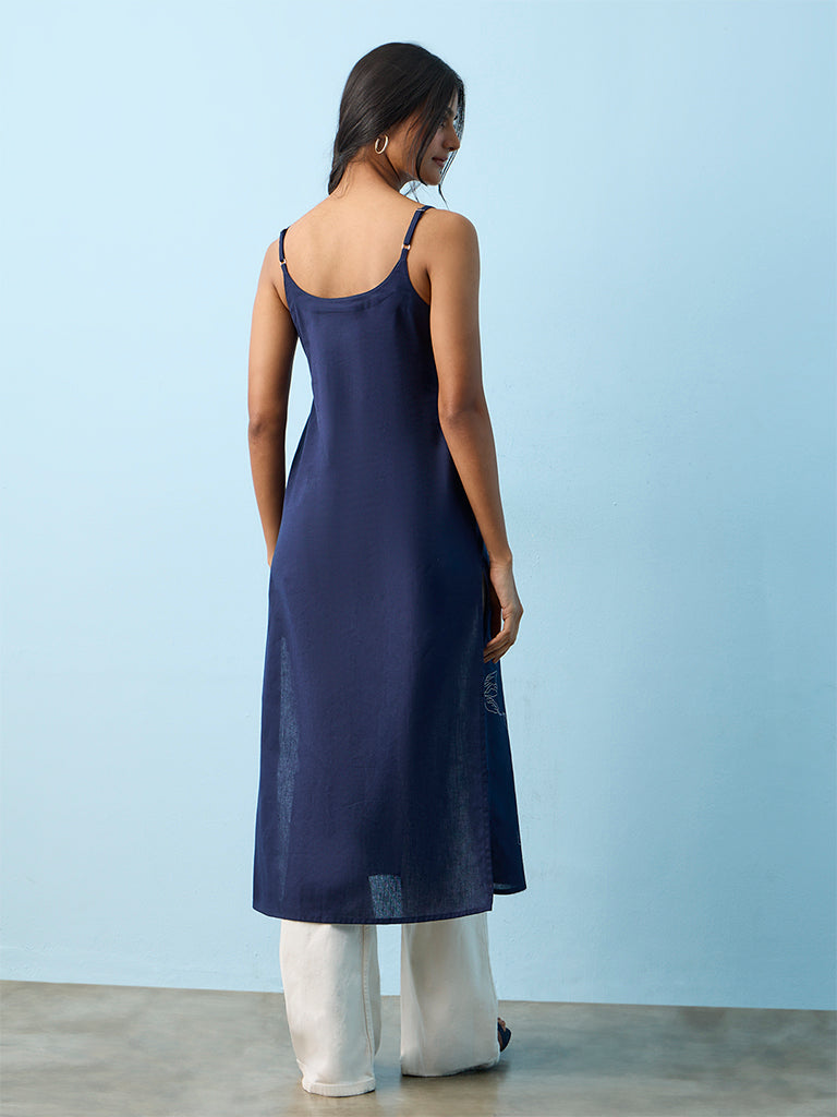 Utsa  Navy Floral Printed Cotton-Blend Straight Kurta